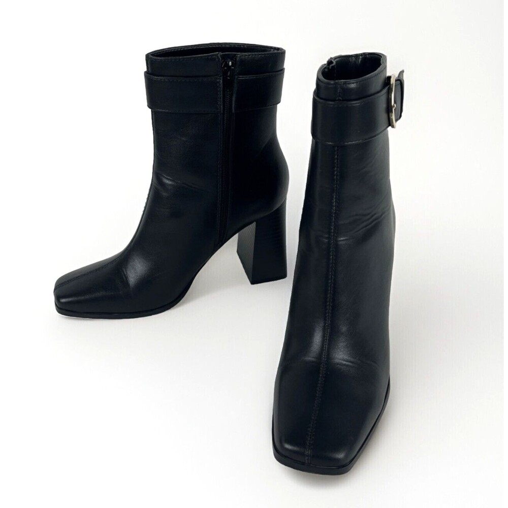 Black Ankle Boots Womens SZ 9 Zip Buckle Block Heels Faux Leather Classy NEW